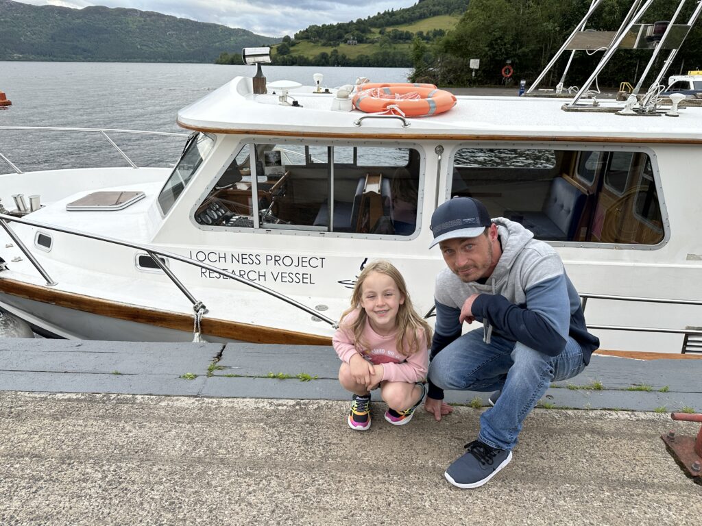 Loch Ness Research vessel parked in Uquhart Bay, Scotland